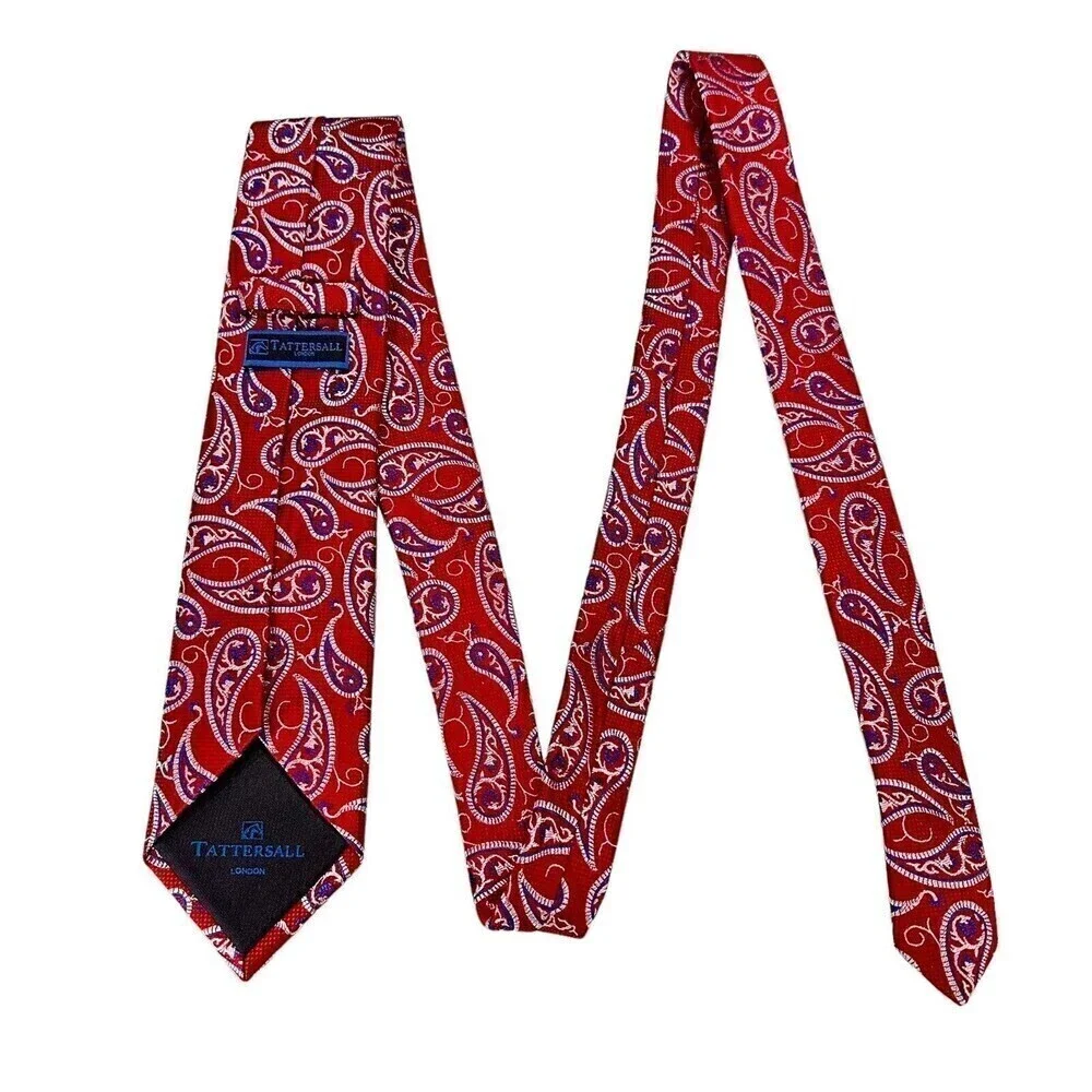 Tattersall London Silk Tie Men Red White Blue Paisley Necktie 100% Silk Handmade